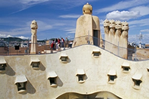 Roof Terrace Prints: View of Gaudis Casa Mila modernist roof terrace