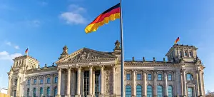 Reichstag Prints: View of the German flag and Reichstag (German Parliament building), Mitte, Berlin, Germany