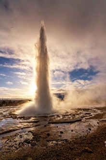 Eruption Prints: View of geysers at Geysir Hot Springs in winter, Western Region, Iceland