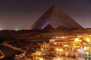 Events Prints: View of Giza Pyramids from rooftop terrace during light show, Cairo, Egypt, Africa