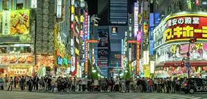Pedestrians Prints: View of Godzilla's head and Kabukicho neon lit street at night