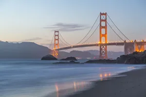 Typically American Prints: View of Golden Gate Bridge from Baker Beach at dusk, South Bay, San Francisco, California