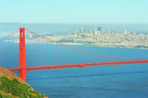 Iconic Prints: View of Golden Gate Bridge and financial district of San Francisco with clear blue sky