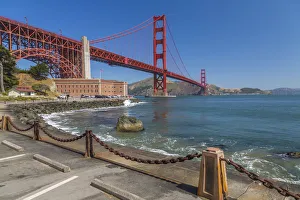 Typically American Prints: View of Golden Gate Bridge and Fort Point from Marine Drive, San Francisco, California