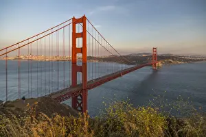 View of Golden Gate Bridge from Golden Gate Bridge Vista Point at sunset, San Francisco