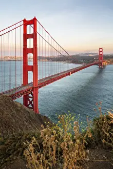 View of Golden Gate Bridge from Golden Gate Bridge Vista Point at sunset, San Francisco