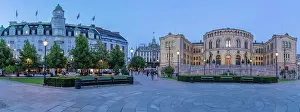 Public Space Prints: View of Grand Hotel and Norwegian Parliament from Eidsvolls Plass at dusk