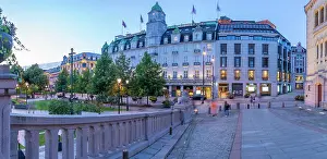 Public Space Prints: View of Grand Hotel and Norwegian Parliament from Eidsvolls Plass at dusk