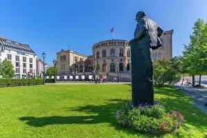 Public Space Prints: View of Grand Hotel and Norwegian Parliament in Stortingsparken on a sunny day