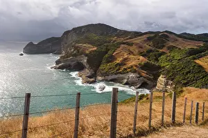 Fence Prints: View of grassy farmland and rugged coastline at Cape Farewell in Golden Bay on South Island in New Zealand