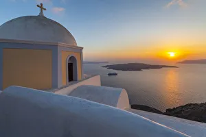 Fira Prints: View of Greek Church of Saint Stylianos at sunset, Firostefani, Santorini (Thira)