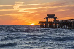 Florida Usa Prints: View across the Gulf of Mexico from beach beside Naples Pier, sunset