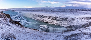 Glacial Prints: View of Gullfoss Waterfall on the Hvita River in winter, Western Region, Iceland