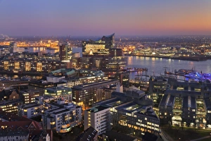 Elbphilharmonie Prints: View over HafenCity and Elbphilharmonie at sunset, Hamburg, Hanseatic City, Germany