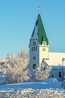 Hafnarfjrur Prints: View of Hafnarfjaroarkirkja church in Hafnarfjorour in winter, Hafnarfjorour, Iceland