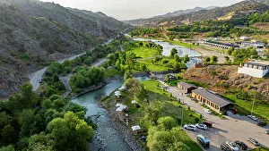 Vehicles Prints: View of Hakari river flowing through mountain resort in Lachin
