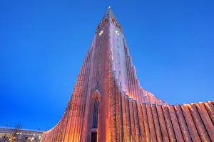 Inspiration Prints: View of Hallgrimskirkja church illuminated at dusk in winter, Reykjavik, Iceland