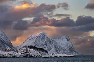 Senja Prints: View of Hamn and Teistevika at sunset backed by Indre Teisten mountain