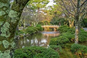 Blossoms Prints: View of Hanami-Bashi (Flower Viewing Bridge) in Kenrokumachi Japanese Garden