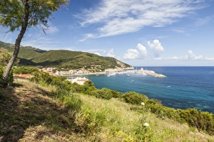 Livorno Province Prints: View of harbor and turquoise sea, Marciana Marina, Elba Island, Livorno Province