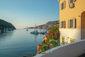 Kefalonia Prints: View of harbour in Assos in golden hour