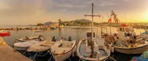 Sea View Prints: View of harbour boats and Holy Monastery of Panagia Vlacherna in Corfu Town