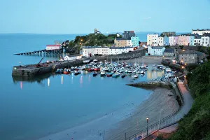 Townscape Prints: View over harbour and castle, Tenby, Carmarthen Bay, Pembrokeshire, Wales, United Kingdom
