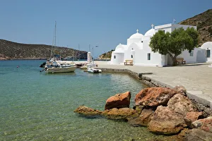 Sifnos Prints: View of harbour and Greek Orthodox church