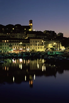 Old Quarter Prints: View across harbour to the old quarter of Le Suquet, at night, Cannes, Alpes-Maritimes