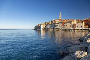 View of harbour and the old town with the Cathedral of St. Euphemia, Rovinj, Istria