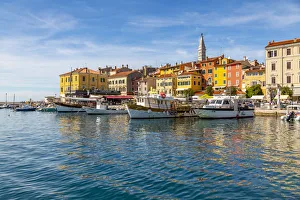 View of harbour and the old town with the Cathedral of St. Euphemia, Rovinj, Istria