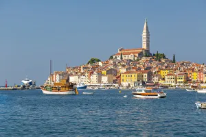 View of harbour and the old town with the Cathedral of St. Euphemia, Rovinj, Istria