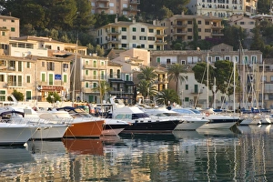 View across the harbour at sunrise Port de Soller, Mallorca, Balearic Islands