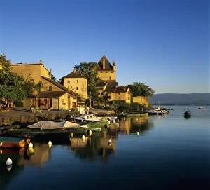 Traditionally French Prints: View of harbour at sunrise, Yvoire, Lake Geneva (Lac Leman), Rhone Alpes, France, Europe