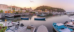 Docks Prints: View of harbour and the town of Lacco Ameno at sunset