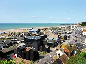 Hastings Prints: View of Hastings Contemporary from East Hill showing the beach and town in East Sussex during a clear sunny day