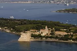 View from helicopter of Lerins Abbey, Ile Saint-Honorat, Iles de Lerins