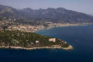 Roquebrune Prints: View from helicopter of Roquebrune, Cap Martin, Provence, Cote d Azur