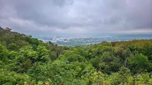 Observation Prints: View from the top of the hill in the spa town of Pyatigorsk in Stavropol Krai showing greenery and distant cityscape
