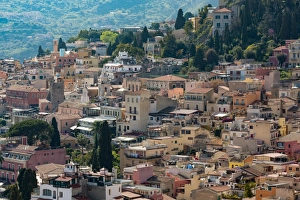 Taormina Prints: View of the hill town of Taormina, Sicily, Italy, Mediterranean, Europe