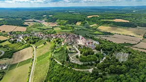 Vezelay Prints: View of the hill town of Vezelay and its Abbey in France with surrounding countryside and fields