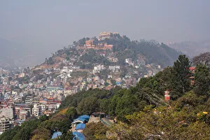 Kathmandu Prints: View over the hills of Kathmandu with Tergar Osel Ling Monastery, Kathmandu, Nepal, Asia