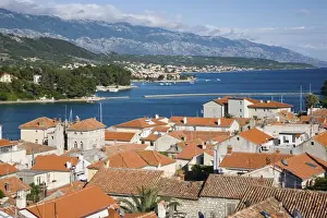 Rab Town Prints: View from hillside across colourful tiled rooftops to the Adriatic Sea