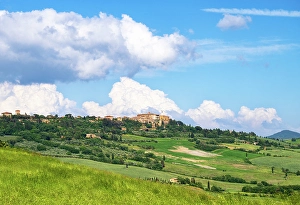 Pienza Prints: View towards a hilltop town of Pienza, Val d'Orcia, UNESCO, Tuscany, Italy