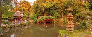 Sunsets Prints: View of Hisago-ike Pond and Kaiseki Pagoda in Kenrokumachi Japanese Garden