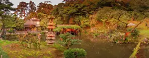 Ornamental Prints: View of Hisago-ike Pond and Kaiseki Pagoda in Kenrokumachi Japanese Garden