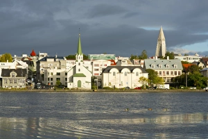 Duck Prints: View of the Historic Centre and Lake Tjornin, Reykjavik, Iceland, Polar Regions