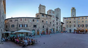 Eateries Prints: View of historic centre and towers in Piazza della Cisterna