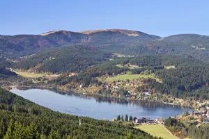 View from the Hochfirst mountain to Titisee Lake and Feldberg Mountain, Black Forest, Baden Wurttemberg, Germany, Europe