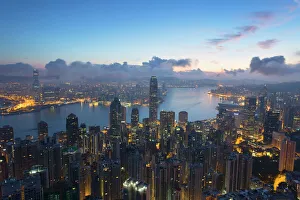 Traditionally Chinese Prints: View of Hong Kong Island skyline at dawn, Hong Kong, China, Asia